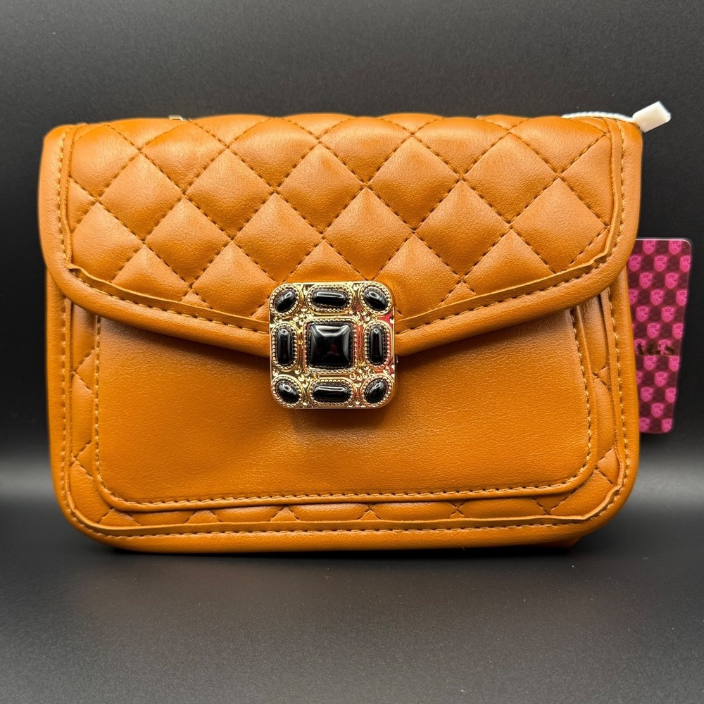 Alfa Bags Quilted Amber Crossbody Flap Bag Gold Tone‎ Black Jewel Clasp